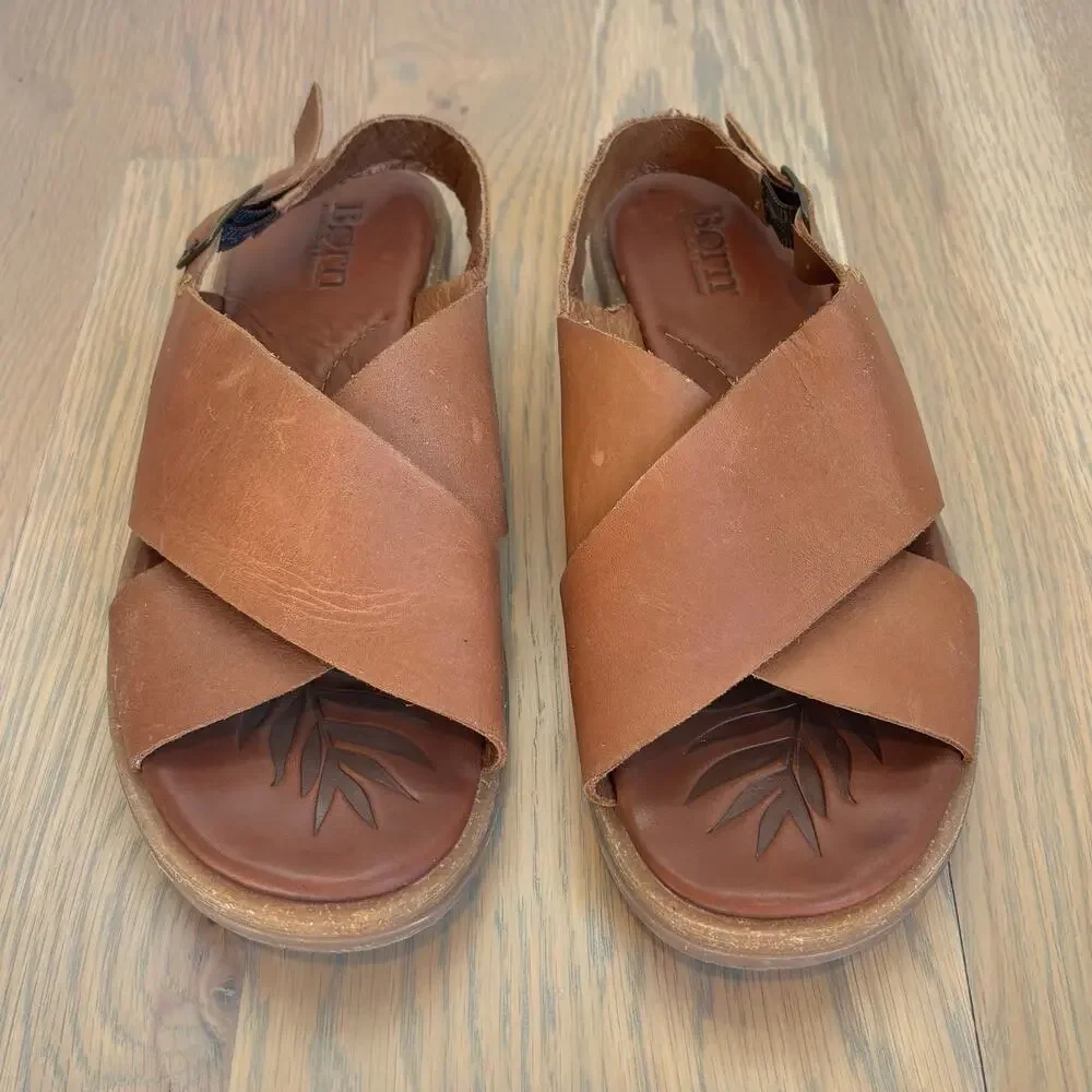 Born Leather Crisscross Slingback Comfort Sandals Brown Boho Womens Size 9 - Picture 1 of 9